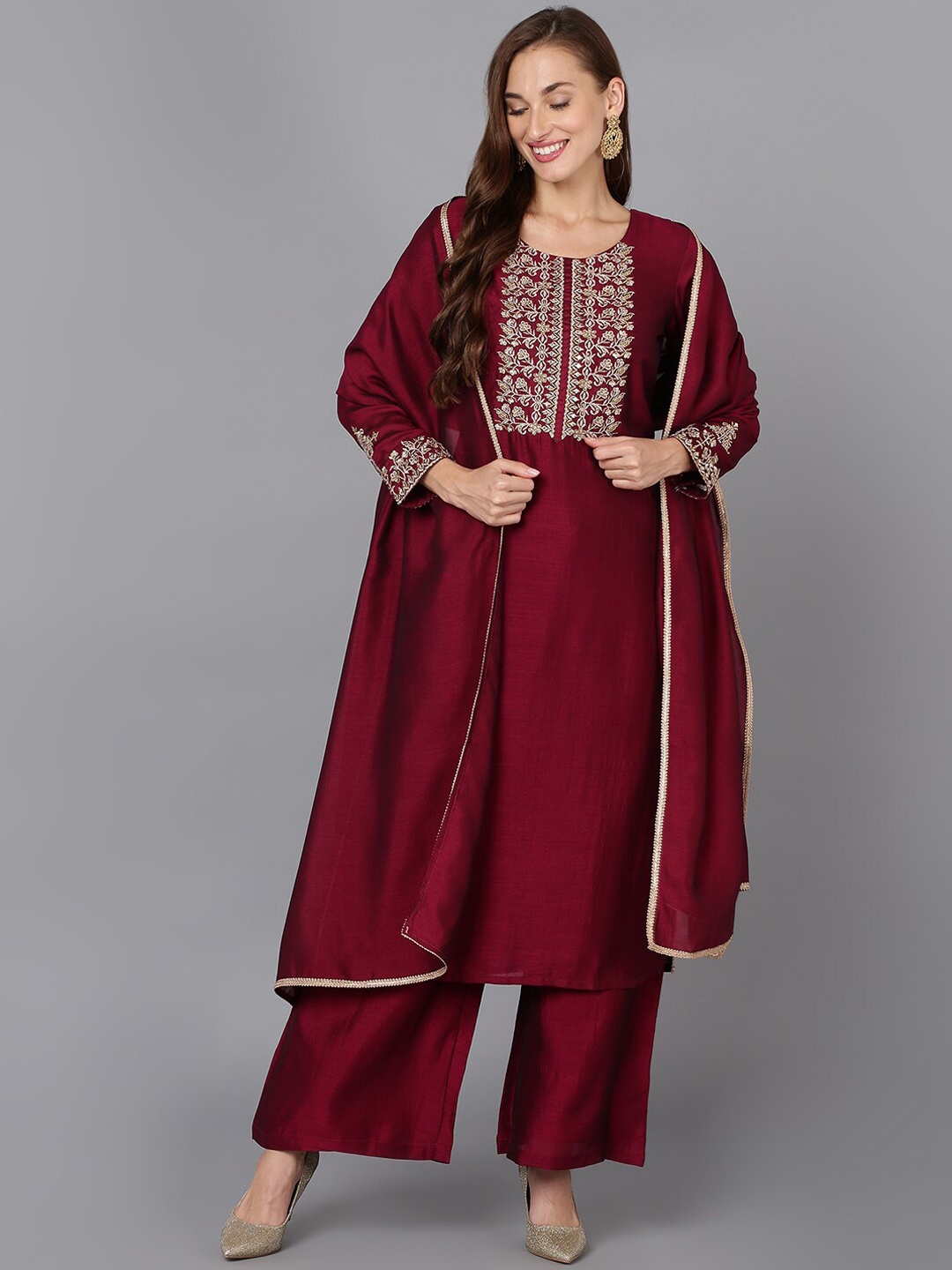 

AHIKA Maroon Ethnic Motifs Yoke Design Kurta With Palazzos & Dupatta