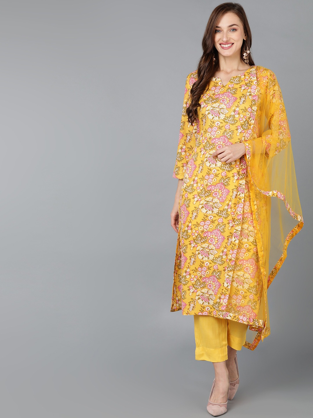 

AHIKA Yellow Floral Printed Regular Kurta With Trousers & Dupatta
