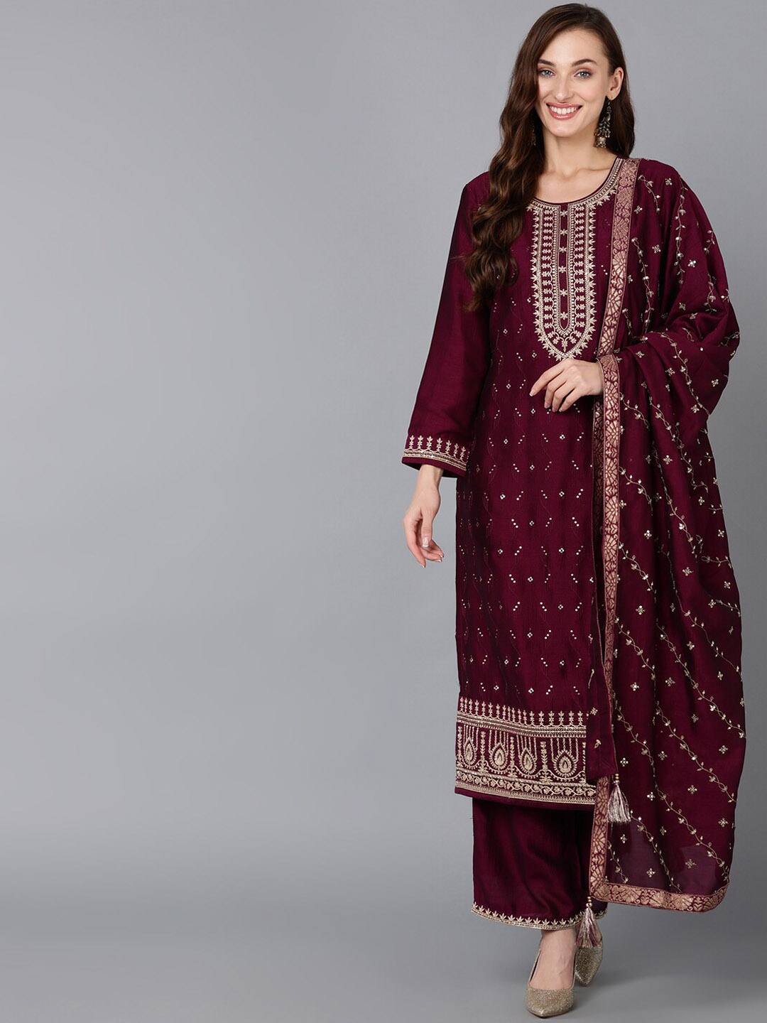 

AHIKA Burgundy Ethnic Motifs Embroidered Kurta with Palazzos & Dupatta