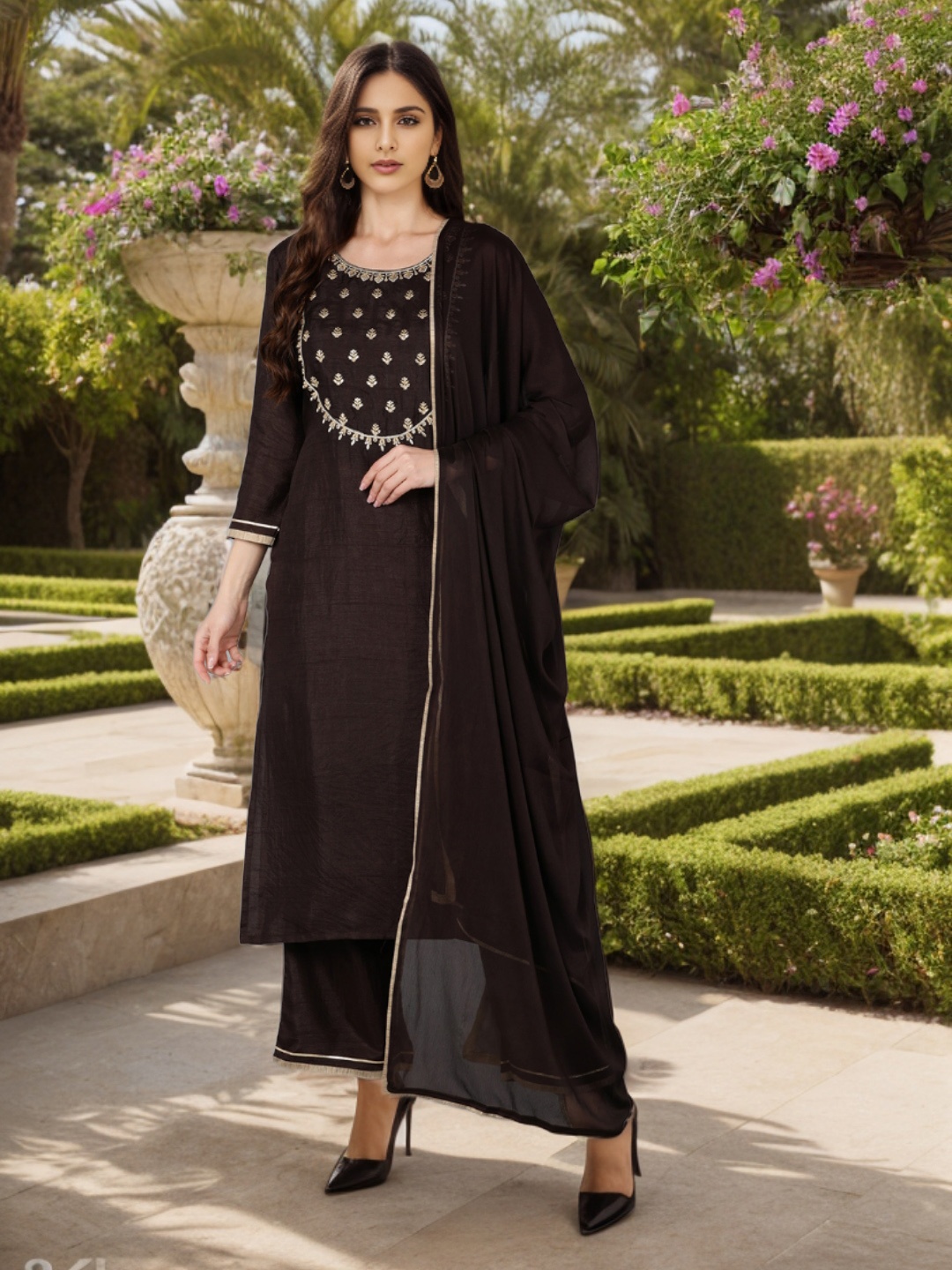 

AHIKA Brown & Gold-Toned Ethnic Motifs Embroidered Regular Kurta With Trousers & Dupatta, Coffee brown