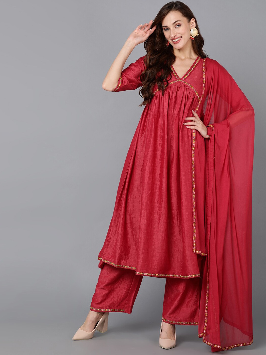

AHIKA Thread Work Empire Kurta with Palazzos & Dupatta, Red