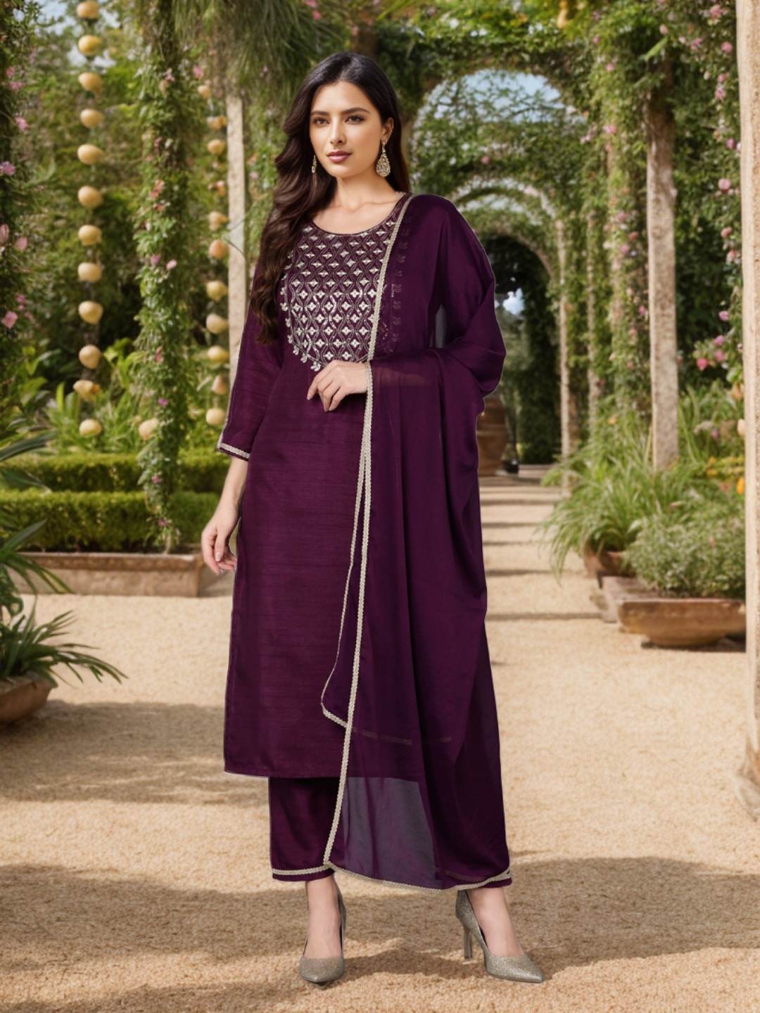 

AHIKA Purple Straight Kurta & Trouser With Dupatta