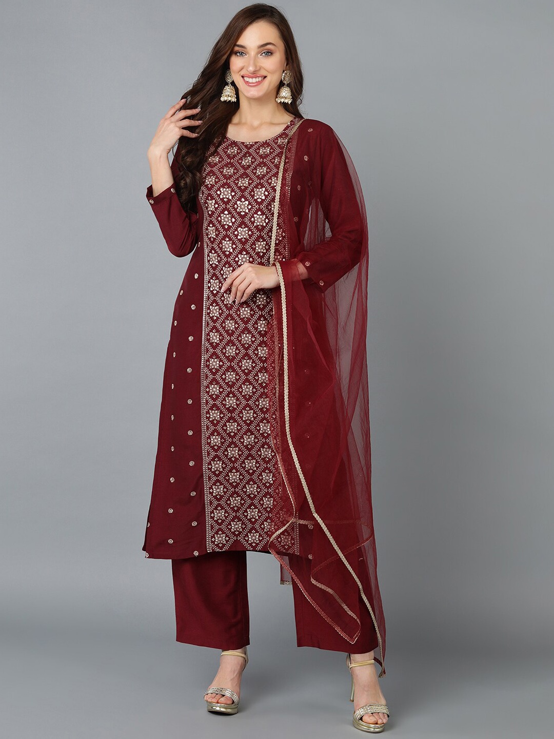 

AHIKA Maroon Embroidered Straight Kurta With Trouser & Dupatta