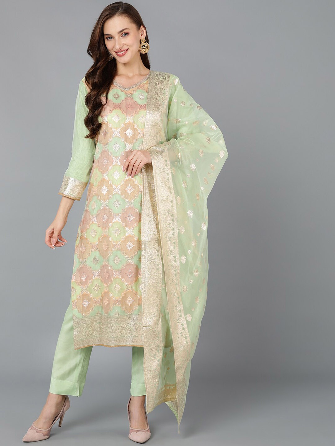 

AHIKA Women Ethnic Motifs Woven Design Kurta with Trousers & Dupatta, Lime green