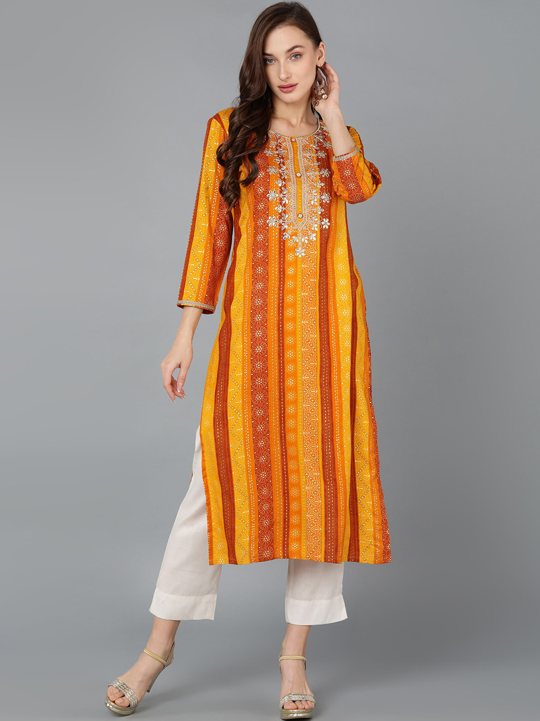 

AHIKA Mustard Yellow & Orange Ethnic Motifs Printed Zari Gotta Patti Kurta