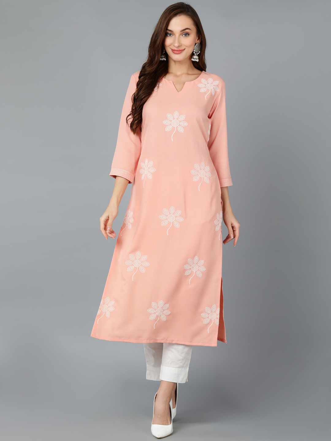 

AHIKA Peach-Coloured Floral Embroidered Straight Kurta