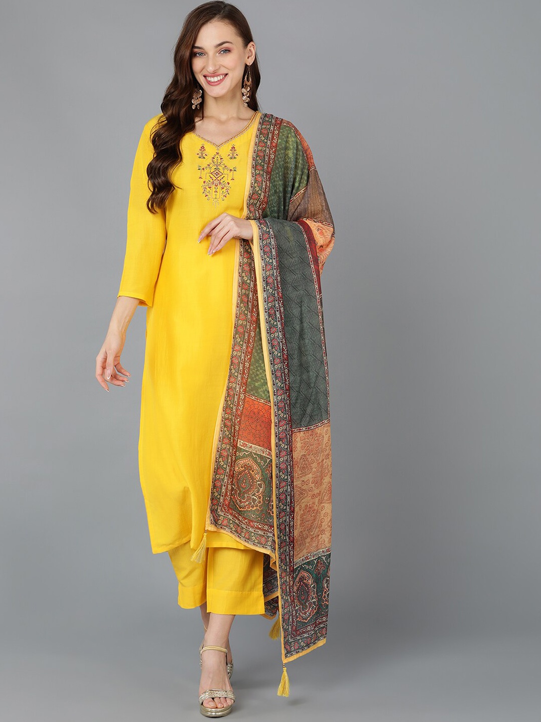 

AHIKA Yellow Embroidered Straight Kurta With Trouser & Dupatta