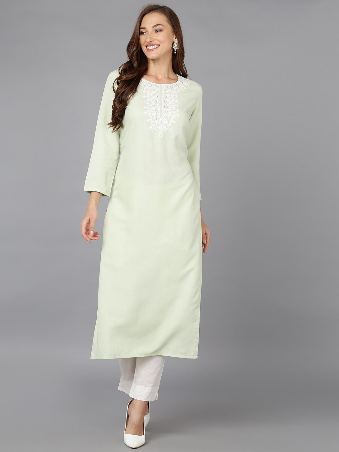 

AHIKA Lime Green Floral Yoke Design Thread Work Straight Kurta