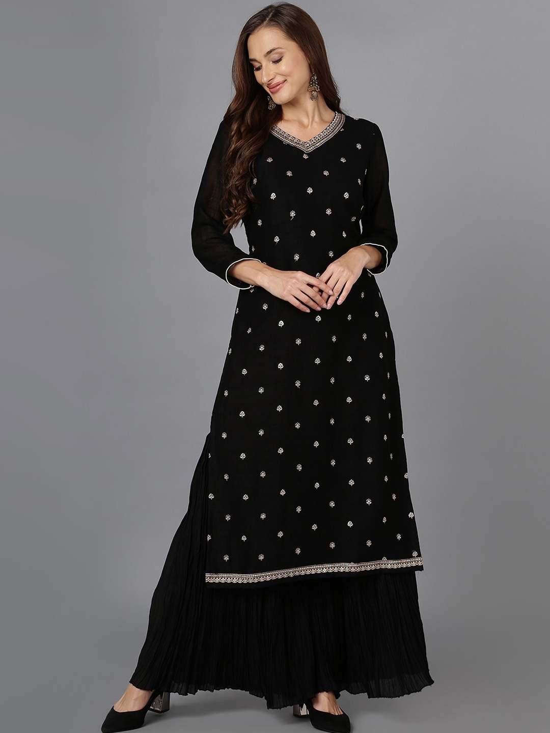 

AHIKA Black Ethnic Motifs Embroidered Sequined V-Neck Kurta