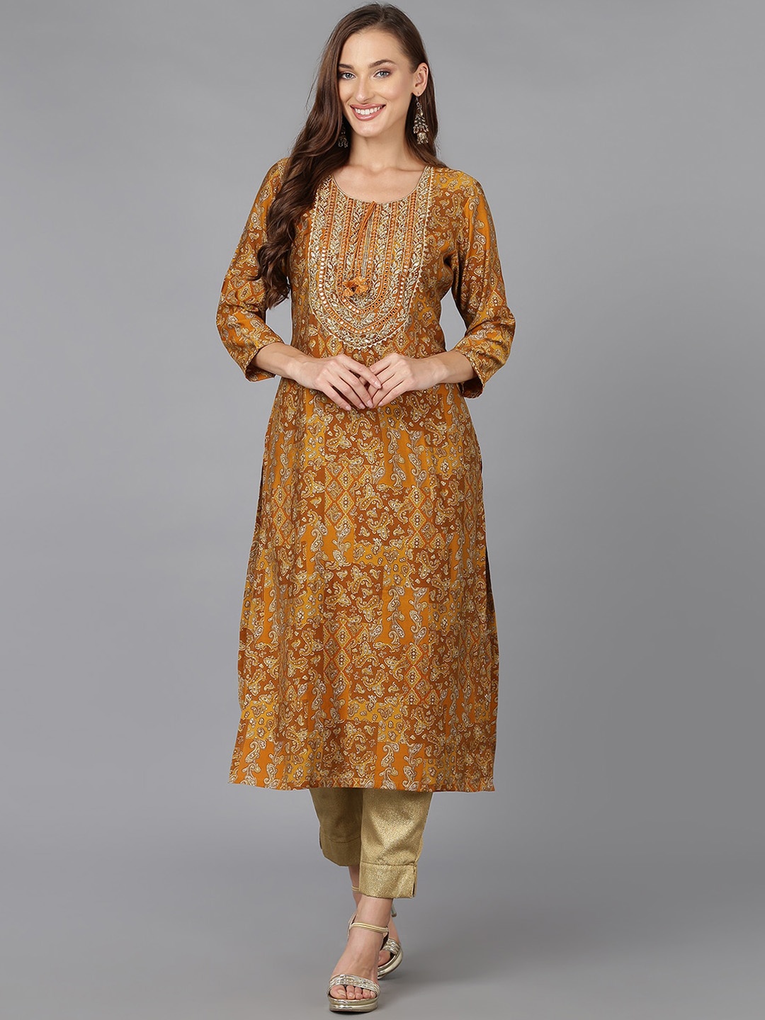 

AHIKA Mustard Yellow Ethnic Motifs Embroidered Straight Kurta