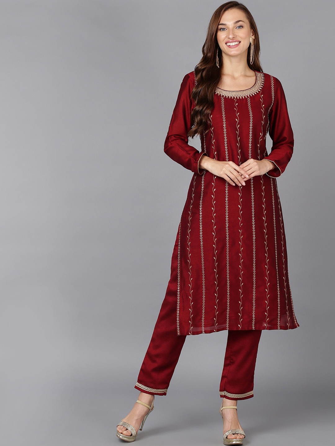 

AHIKA Maroon Floral Embroidered Straight Kurta
