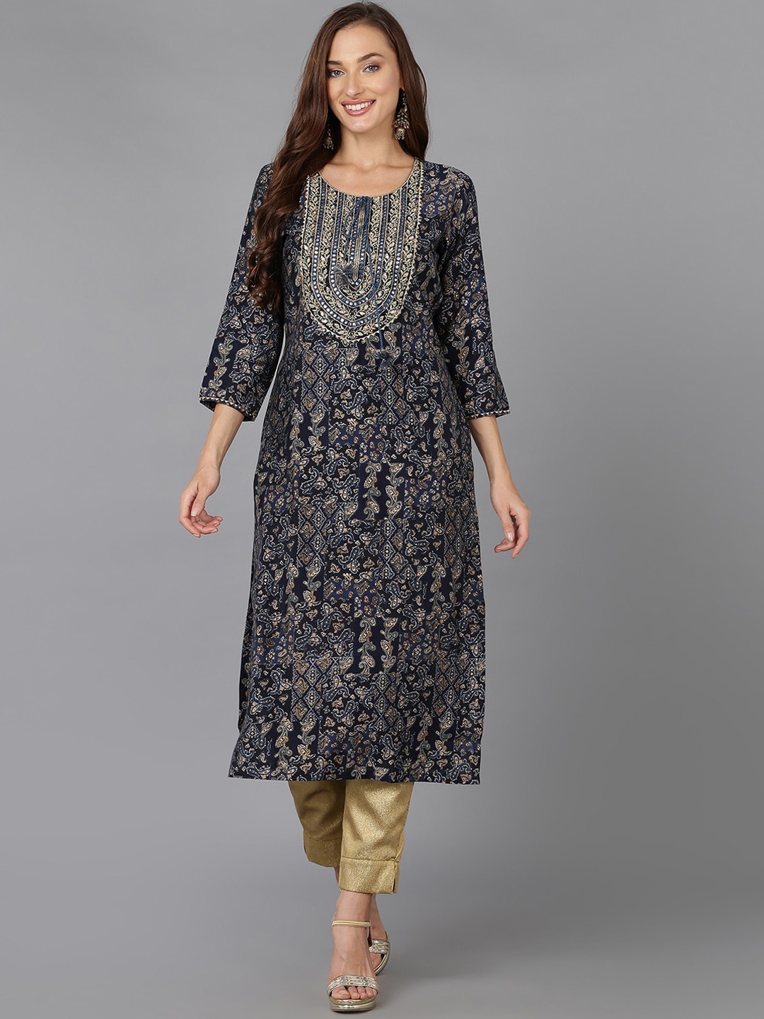 

AHIKA Navy Blue Ethnic Motifs Embroidered Straight Kurta