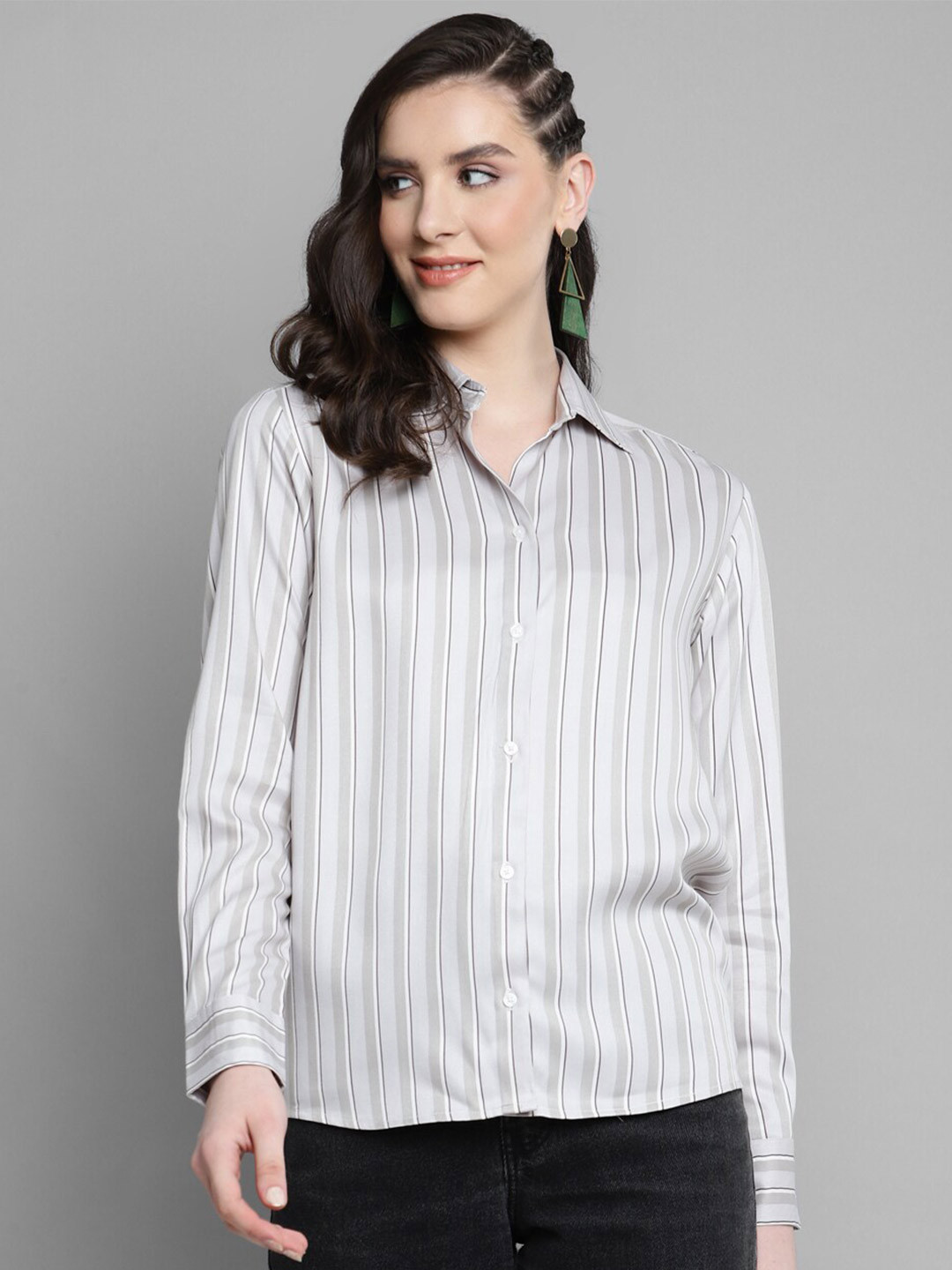 

Kook N Keech Grey Classic Fit Opaque Striped Casual Shirt