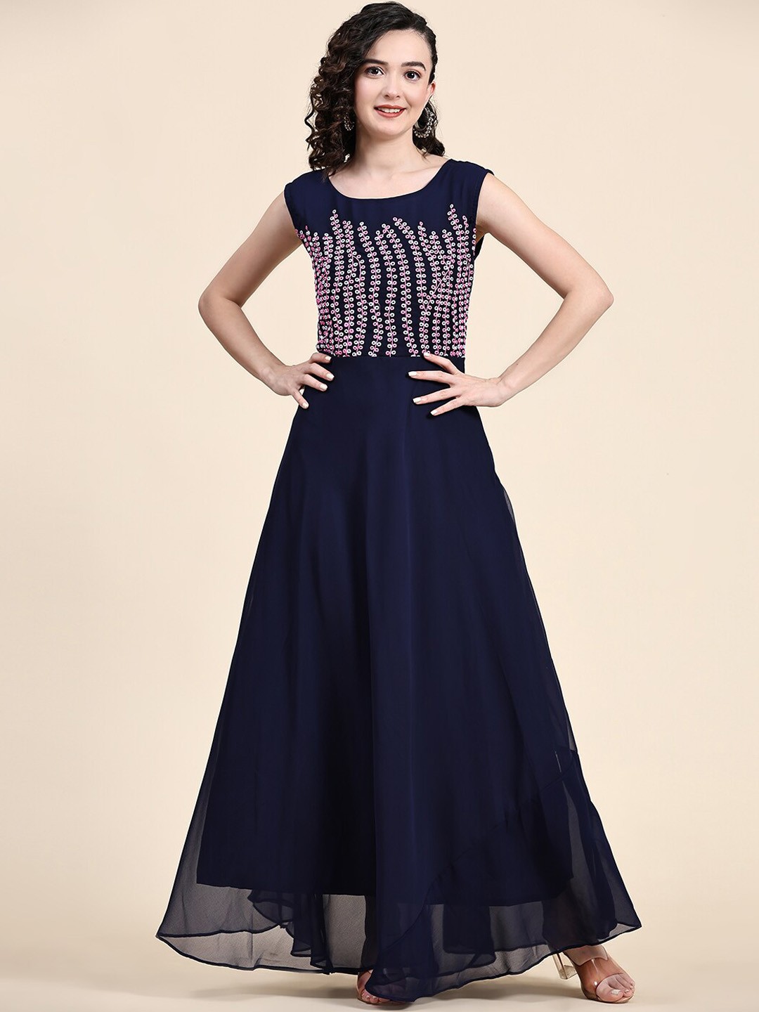 

KALINI Floral Embroidered Fit & Flared Maxi Ethnic Dress, Navy blue