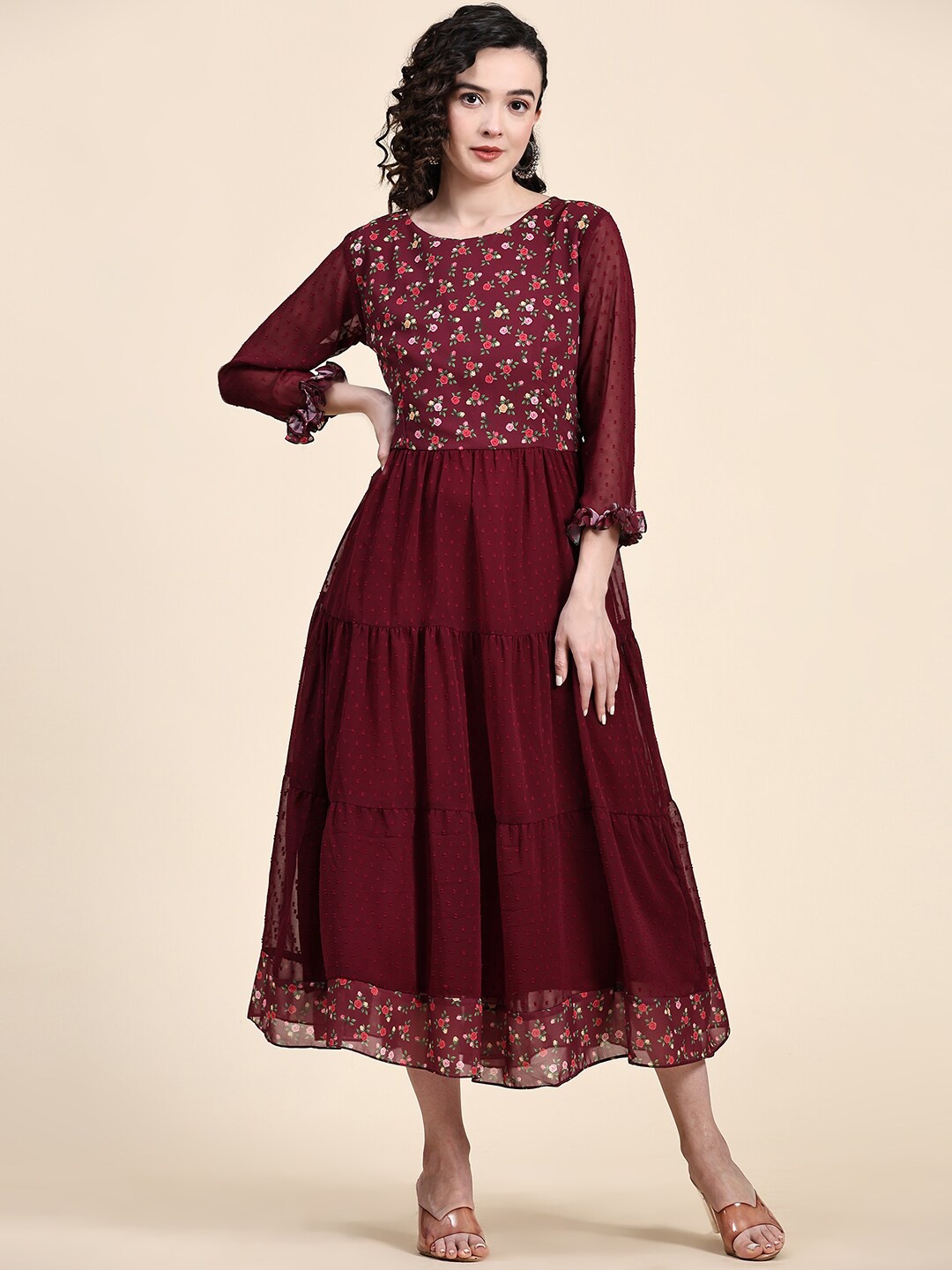

KALINI Floral Printed Gathered Ruffled Tiered Fit and Flare Dress, Maroon