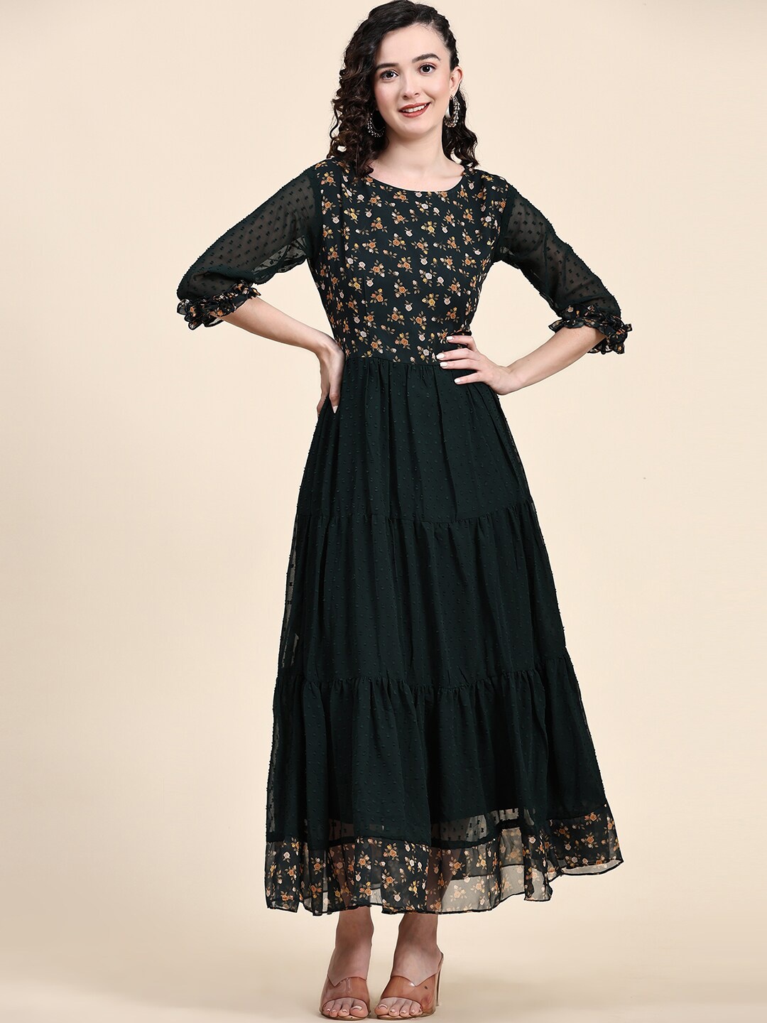 

KALINI Floral Printed Dobby Weave Gathered Ruffled Tiered Fit & Flare Ethnic Dress, Green