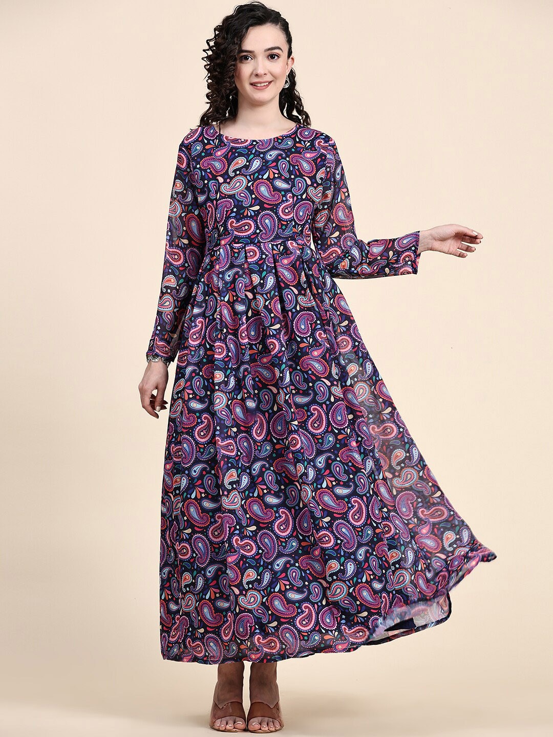 

KALINI Fit & Flared Pleated Paisley Printed Gown, Blue