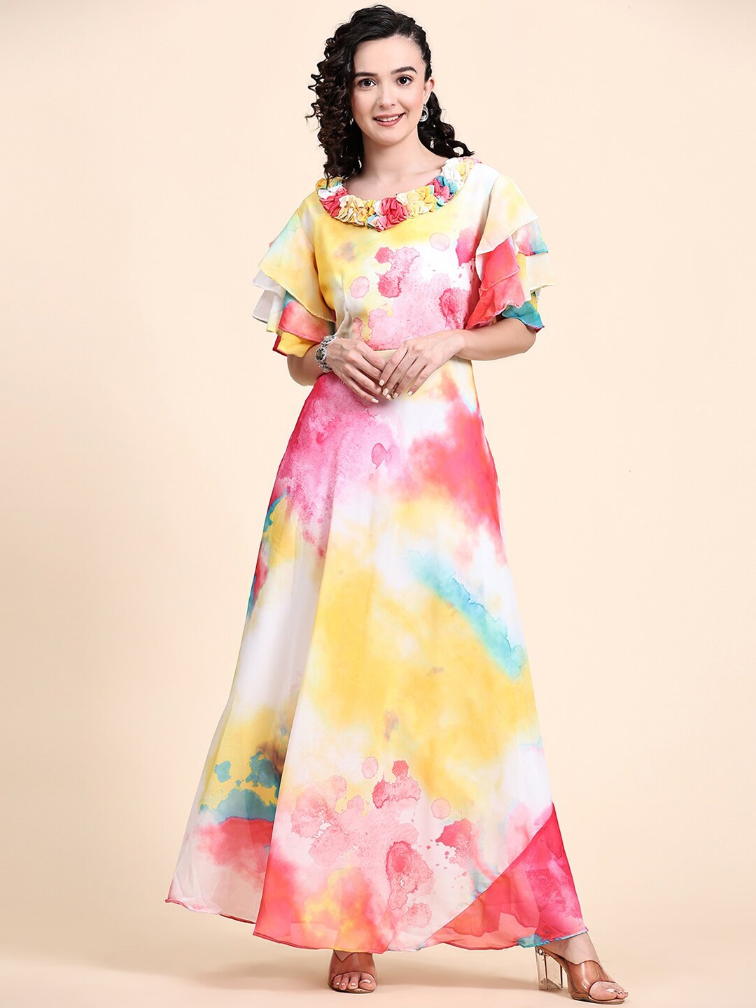 

KALINI A-Line Tie & Dye Print Maxi Gown, White