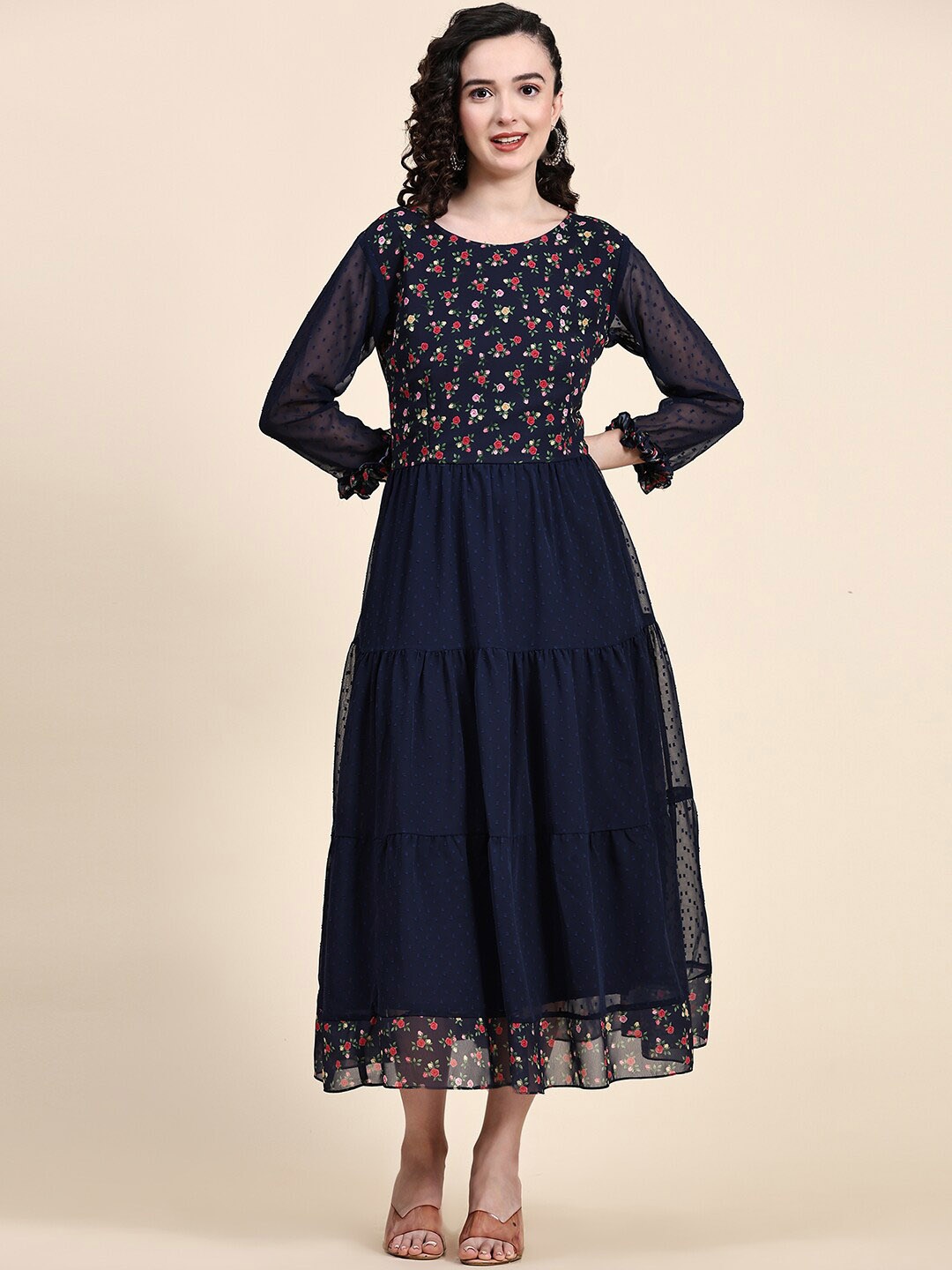 

KALINI Floral Printed Gathered Ruffled Tiered Fit and Flare Dress, Navy blue