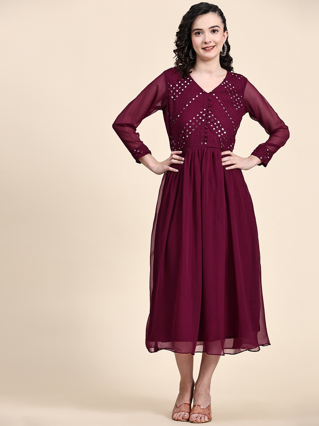 

KALINI Mirror Work Ethnic A-Line Dress, Burgundy