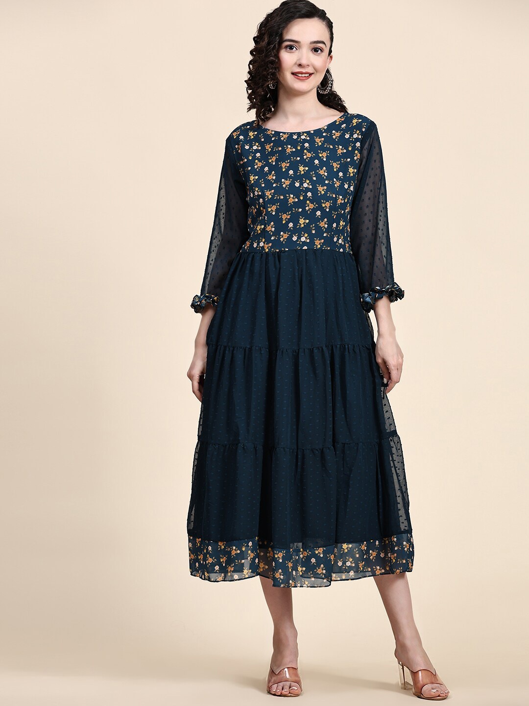 

KALINI Floral Printed Dobby Weave Georgette Tiered Midi Fit & Flare Dress, Teal