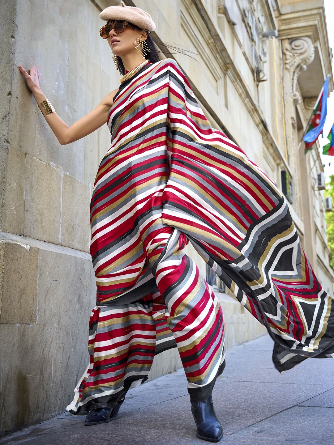 

elora Striped Satin Saree, White