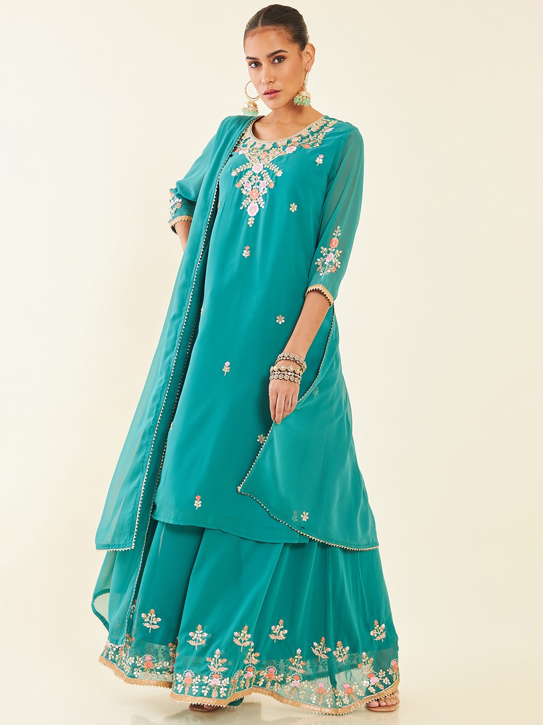 

Soch Green Floral Embroidered Gotta Patti Kurta with Palazzos & Dupatta