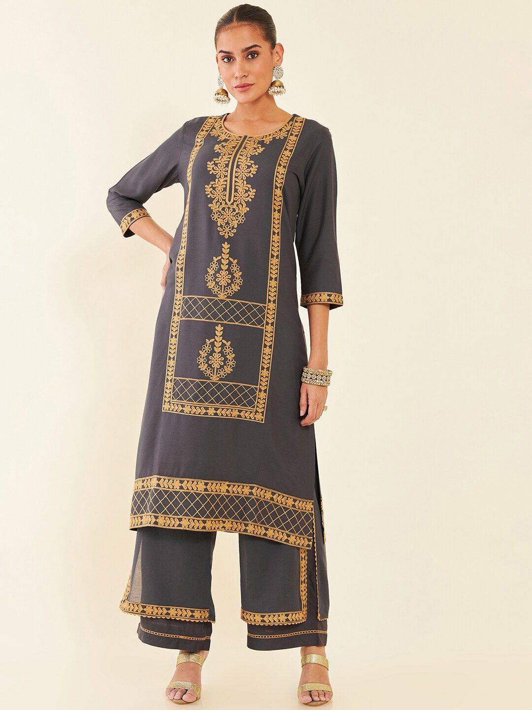 

Soch Grey Floral Embroidered Regular Kurta with Palazzos