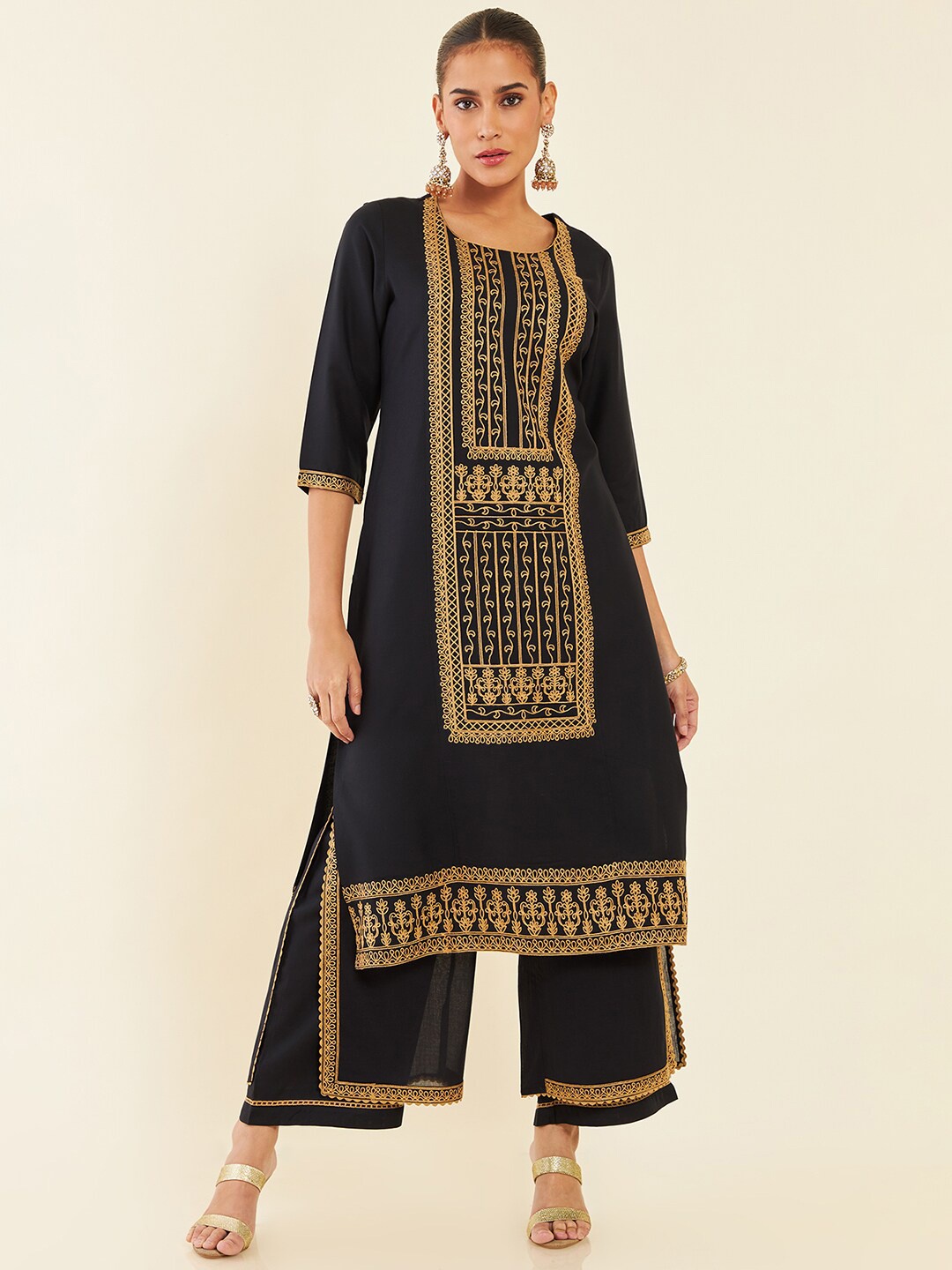 

Soch Black Ethnic Motifs Embroidered Straight Work Kurta With Palazzos