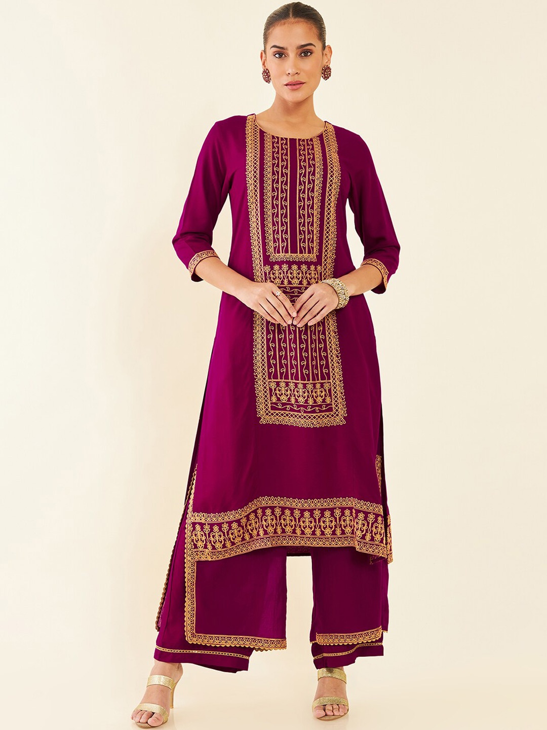 

Soch Magenta Ethnic Motifs Embroidered Regular Thread Work Kurta With Palazzos