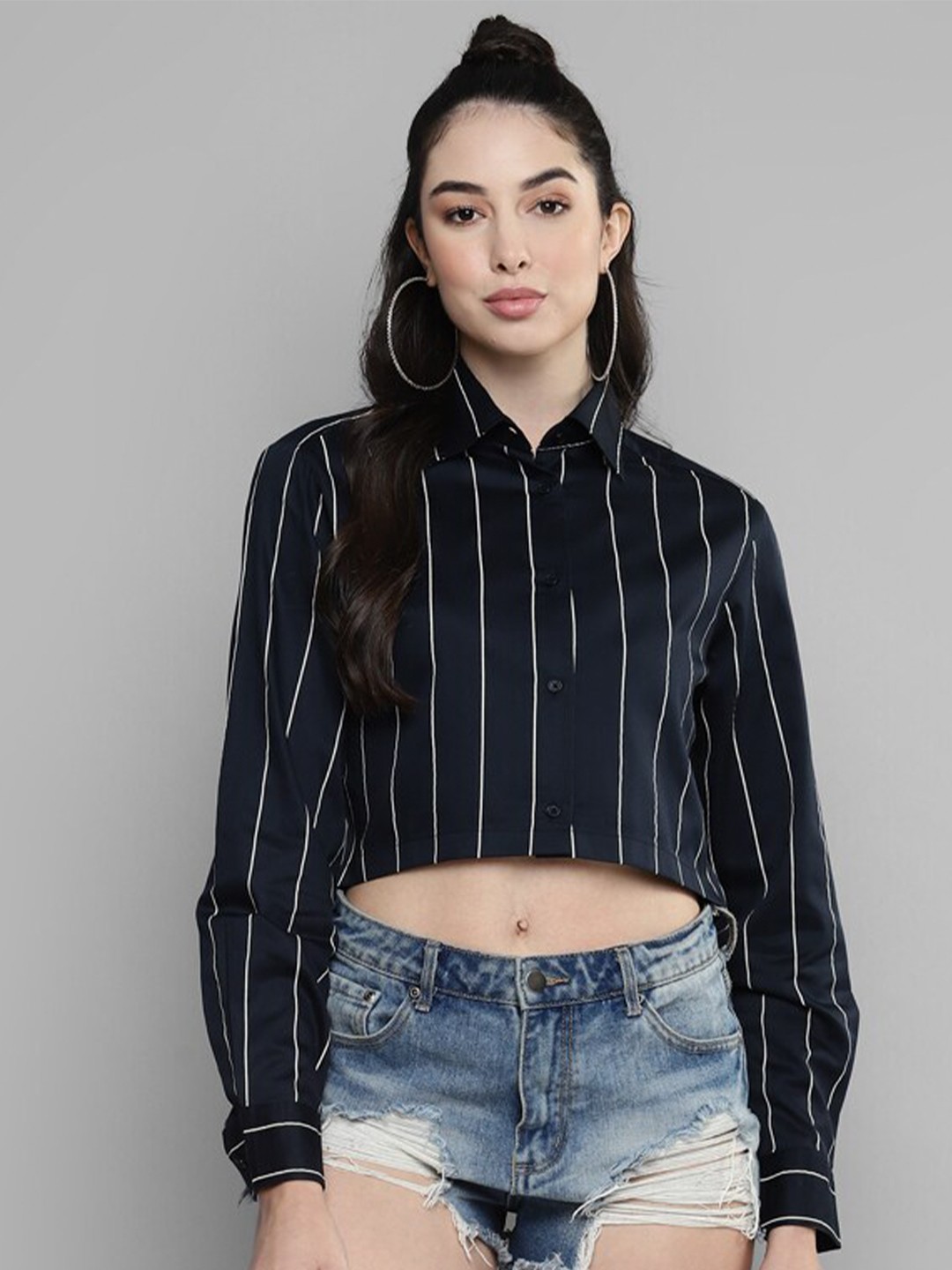 

Kook N Keech Navy Blue Classic Fit Opaque Striped Casual Cropped Shirt