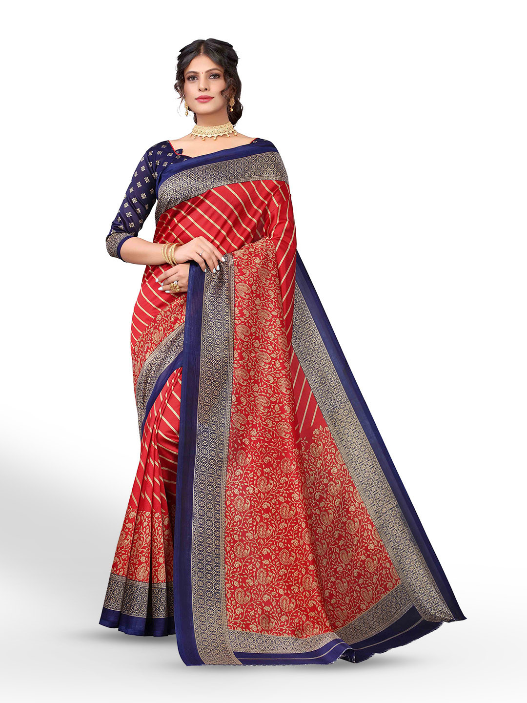 

MAGMINA Striped Art Silk Kanjeevaram Saree, Red