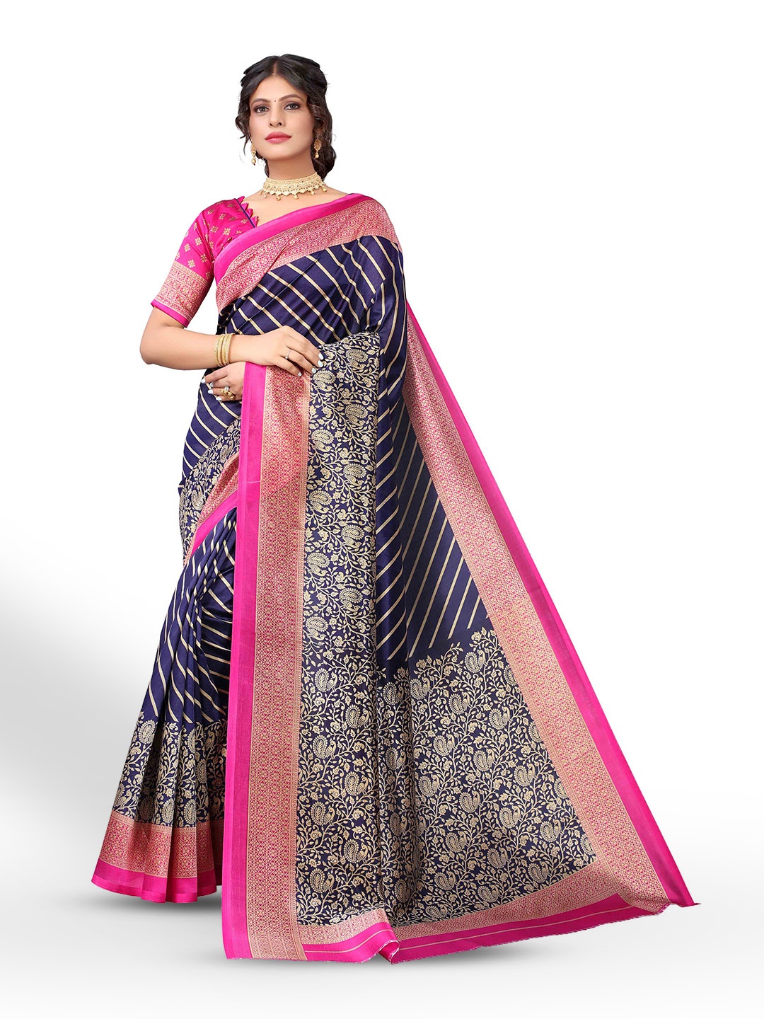 

MAGMINA Striped Art Silk Kanjeevaram Saree, Navy blue