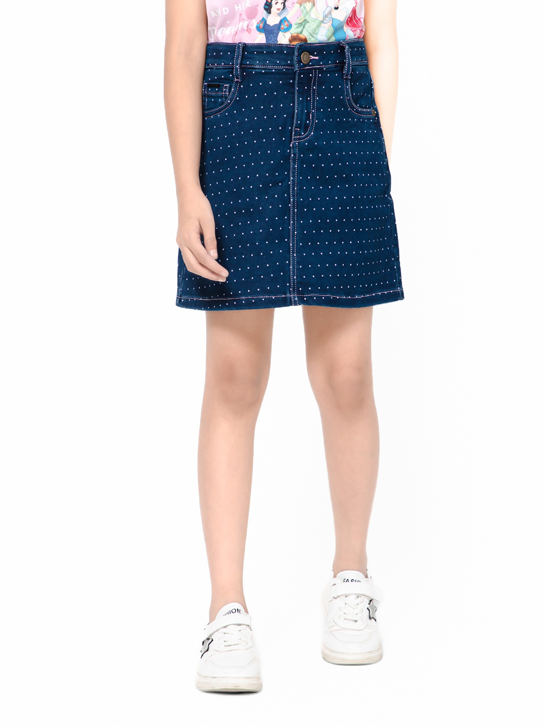 

Bodycare Kids Girls Polka Dots Printed Denim Skirt, Blue