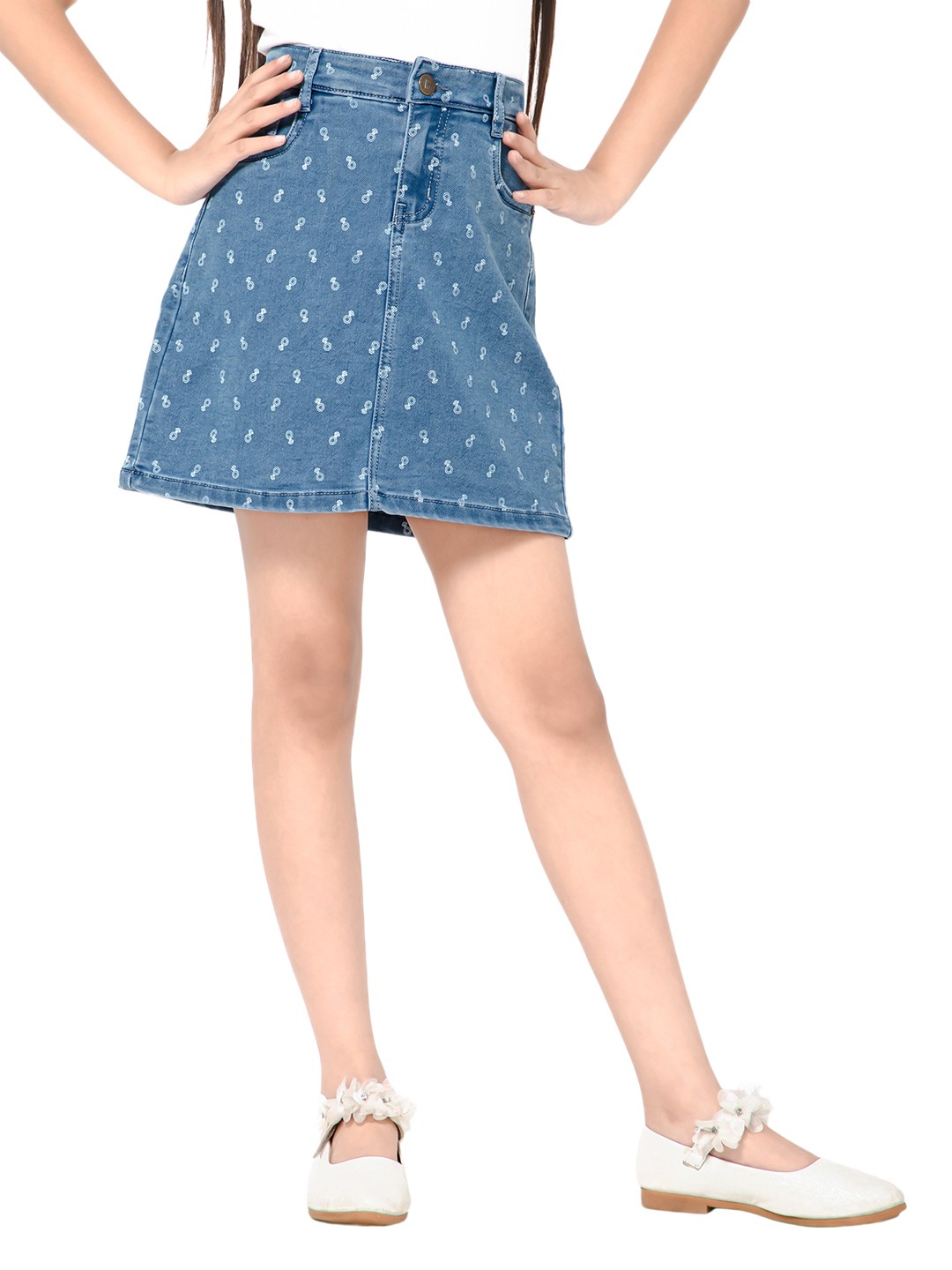 

Bodycare Kids Girls Conversational Printed Stretchable Denim Skirt, Blue