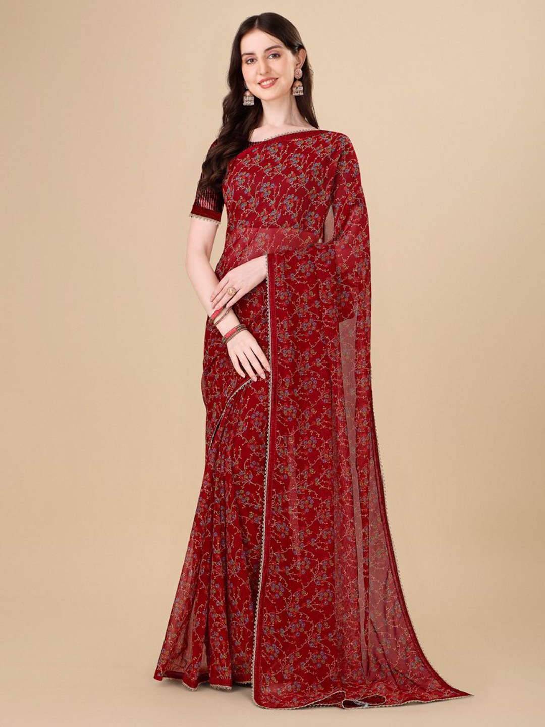 

Sangria Maroon Floral Printed Pure Chiffon Saree