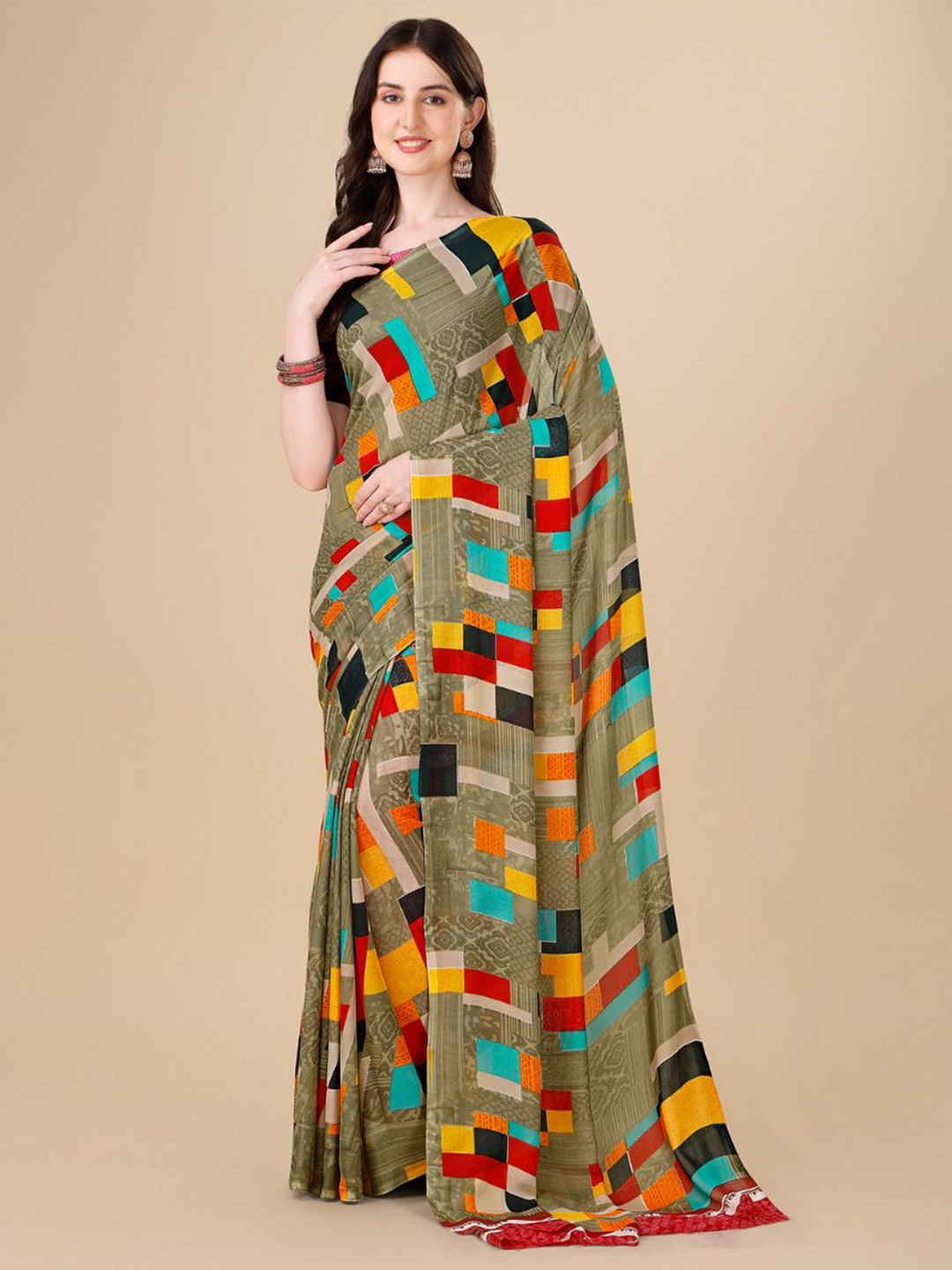 

Sangria Green & Red Pure Georgette Saree