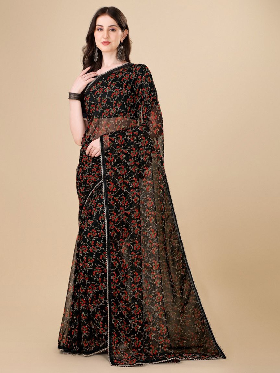 

Sangria Black Floral Printed Gotta Patti Detail Pure Chiffon Saree