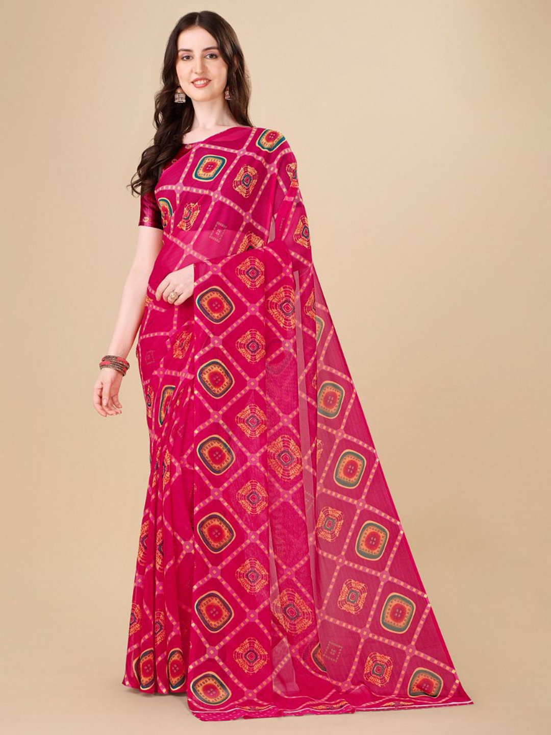 

Sangria Pink Bandhani Printed Pure Chiffon Saree