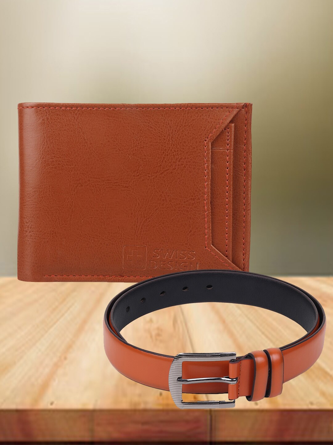 

Swiss Design Men Pack of Wallet & Belt Textured Accessory Gift Set, Brown
