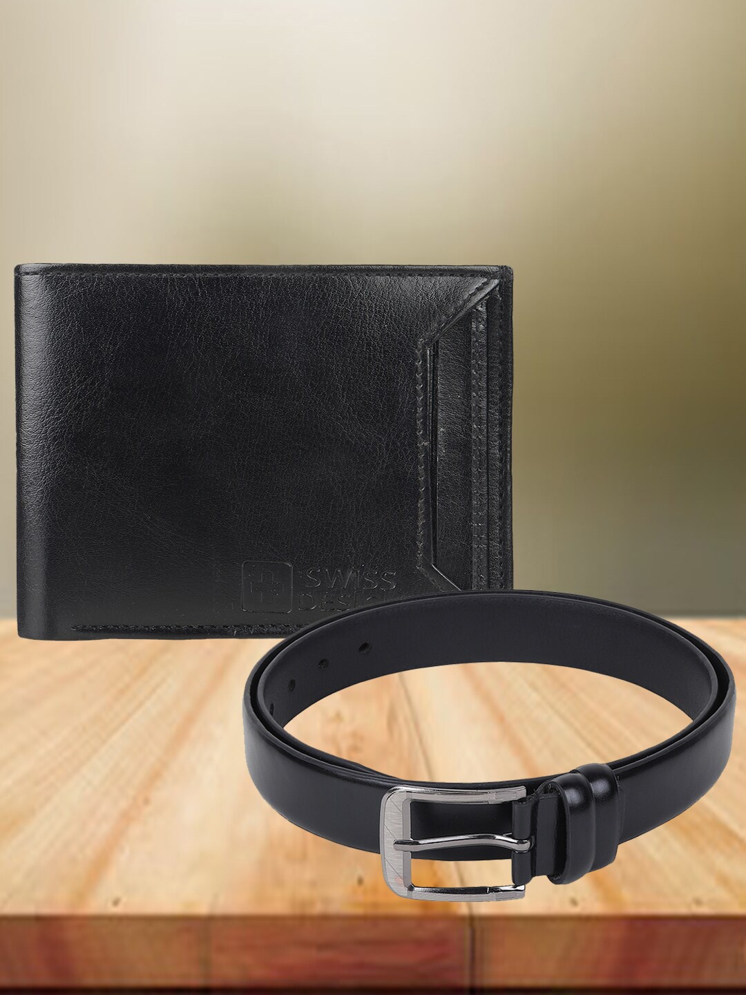 

Swiss Design Men Pack of Wallet & Belt Textured Accessory Gift Set, Black