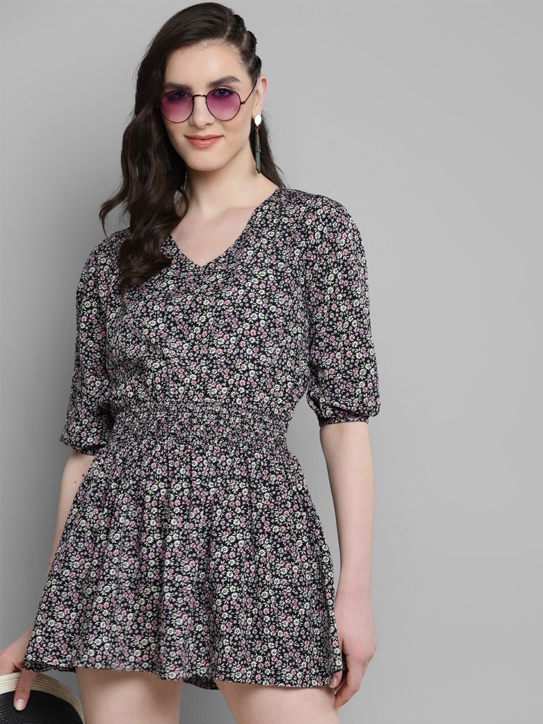 

Kook N Keech Black & Pink Colour Floral Printed & Smocked Detailed Fit & Flare Dress