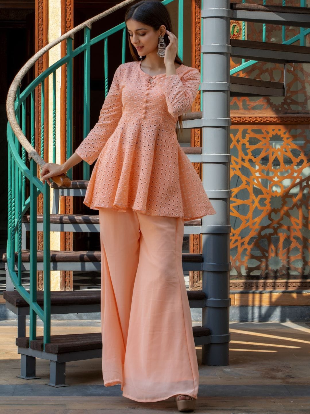 

HOUSE OF JAMOTI Self Design Schiffli Peplum Top With Sharara, Peach