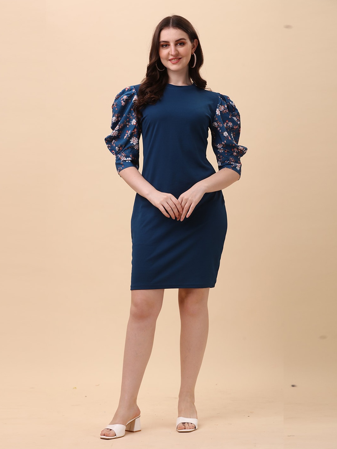 

DEKLOOK Puff Sleeves Crepe Casual Sheath Dress, Turquoise blue