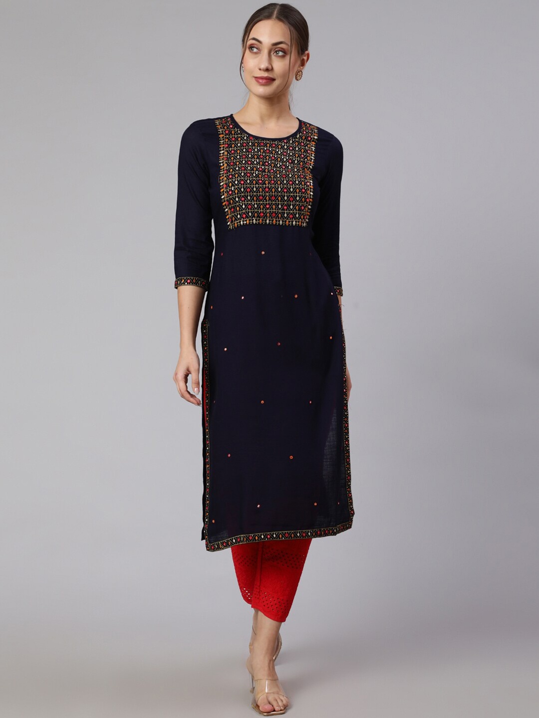 

KALINI Ethnic Motifs Sequinned Embroidered Kurta, Navy blue