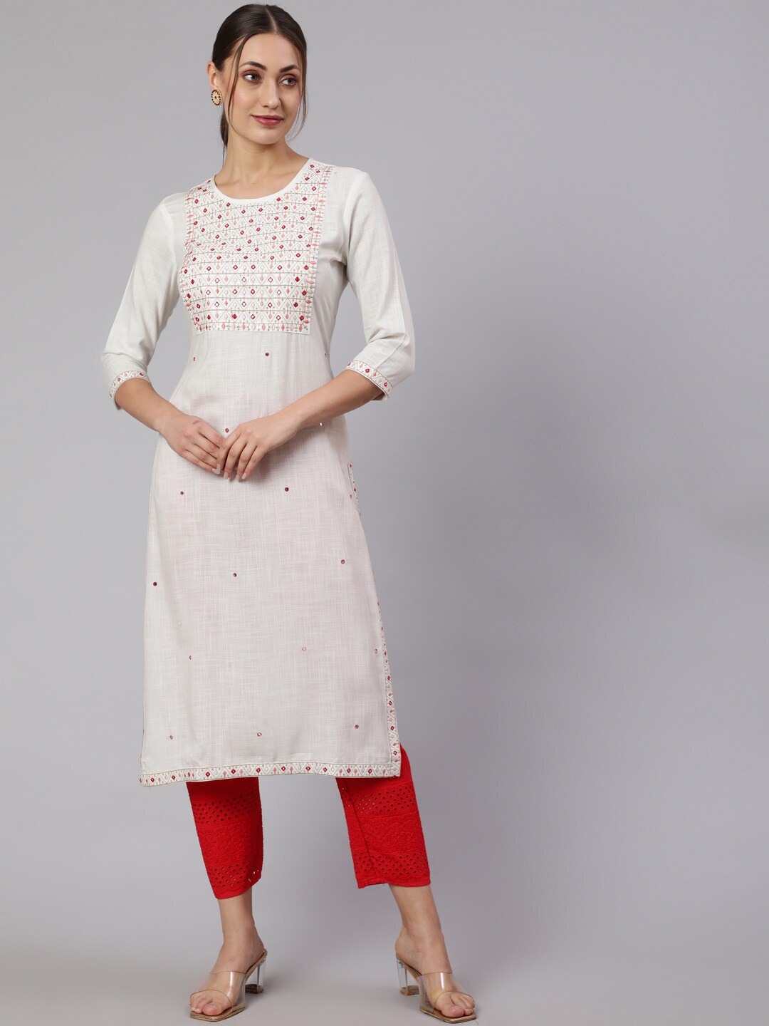 

KALINI Round Neck Embroidered Kurta, White