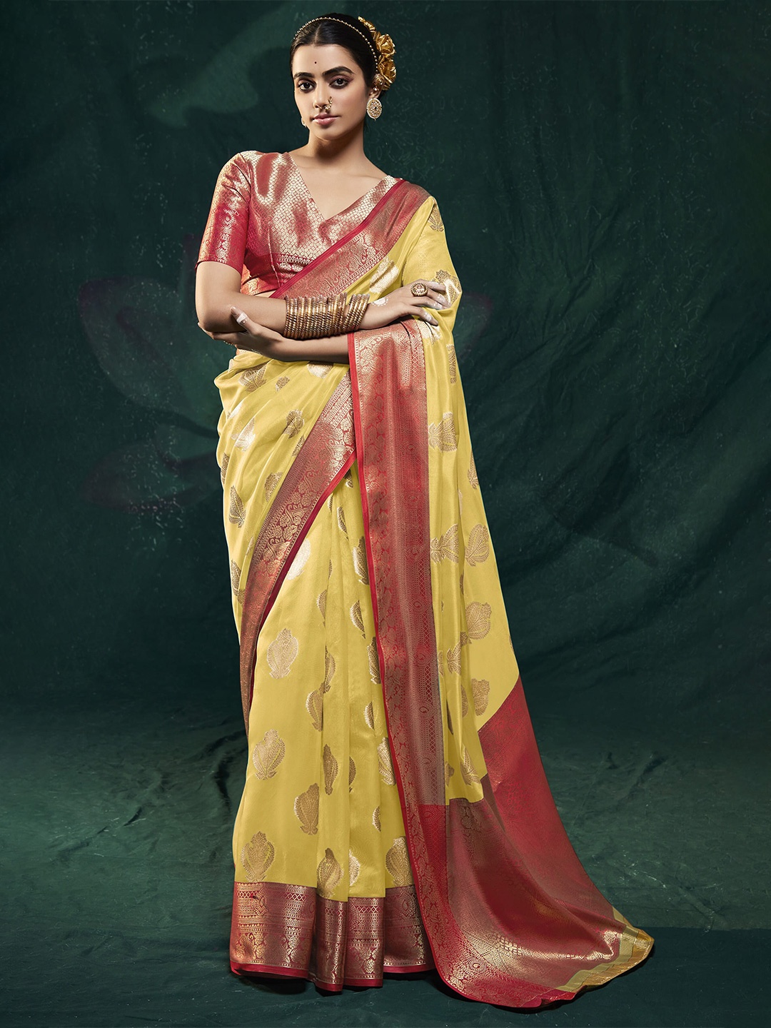 

elora Ethnic Motifs Woven Design Zari Sarees, Yellow