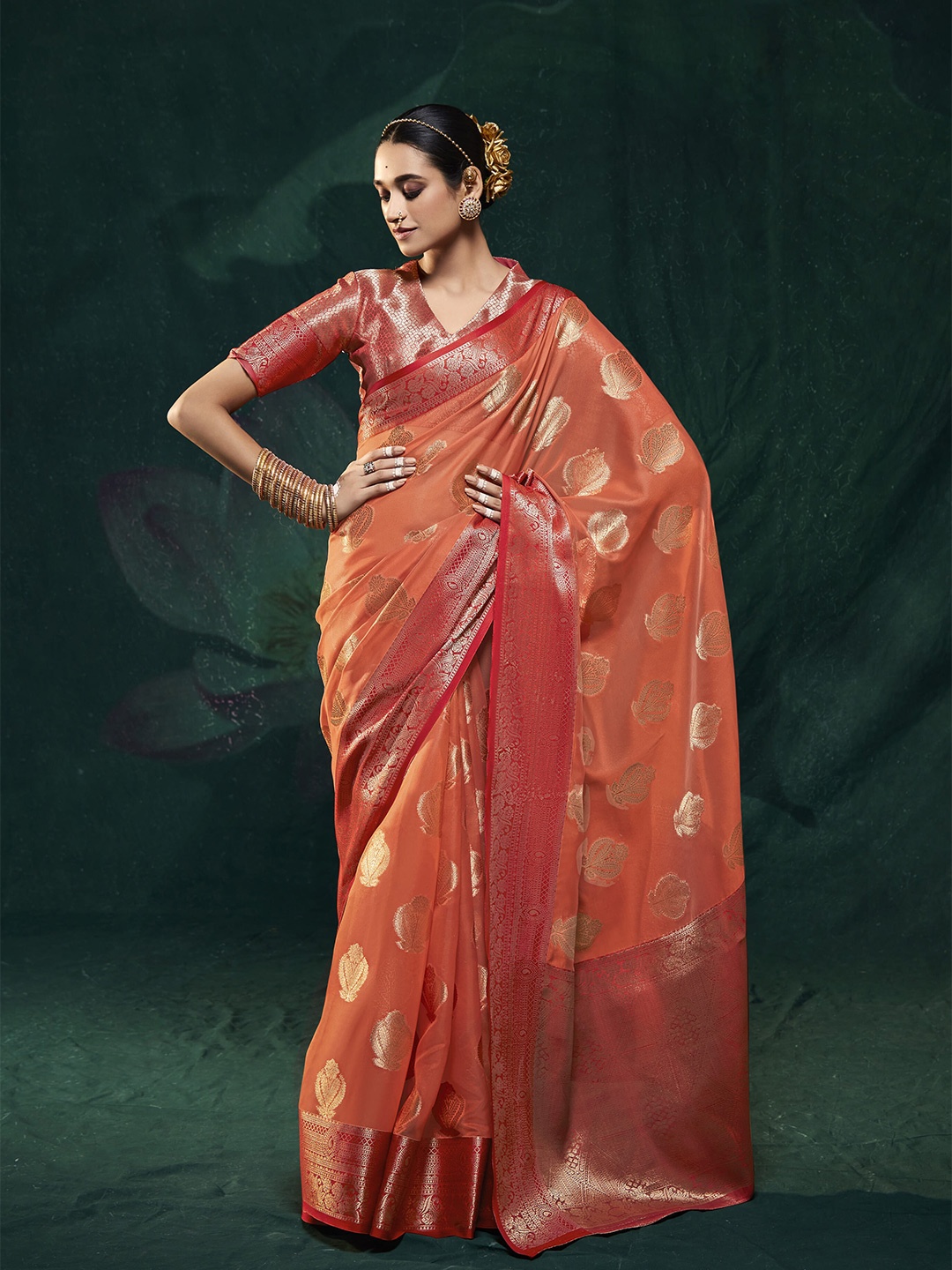 

elora Ethnic Woven Design Zari Organza Saree, Orange