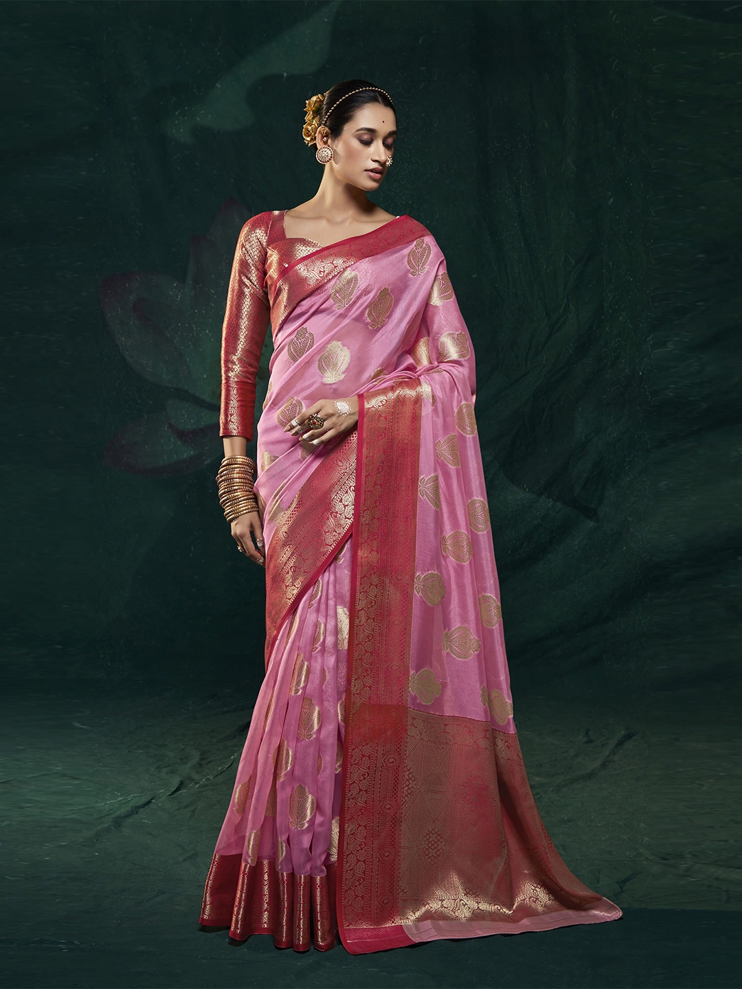 

elora Ethnic Motifs Woven Design Zari Organza Saree, Pink