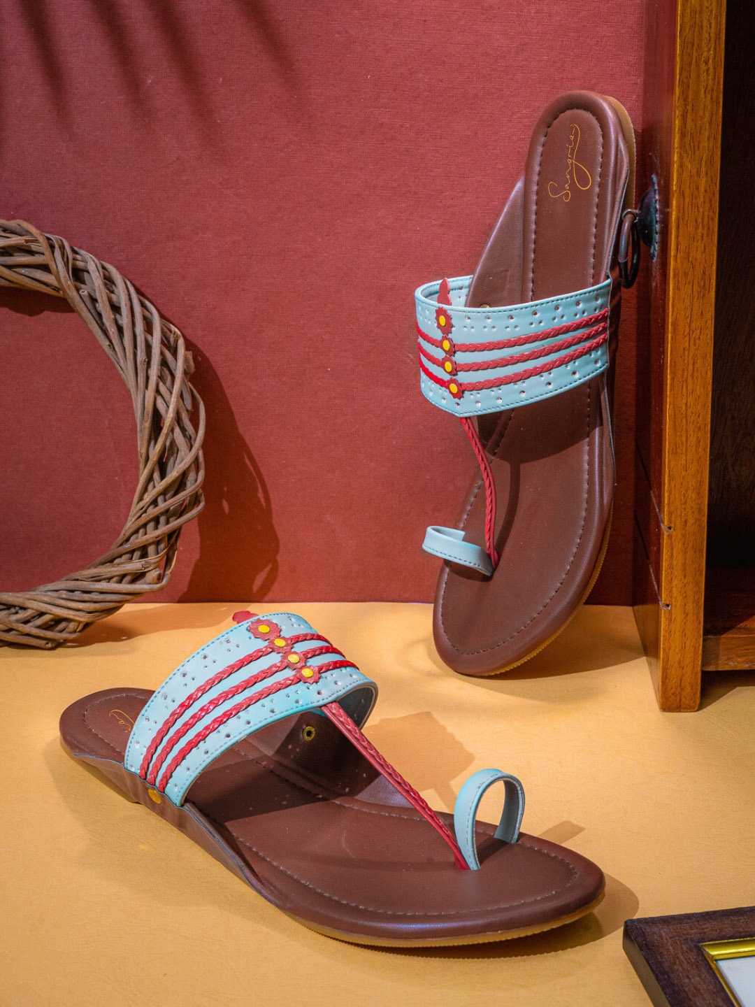

Sangria Brown And Blue Braided One Toe Flats